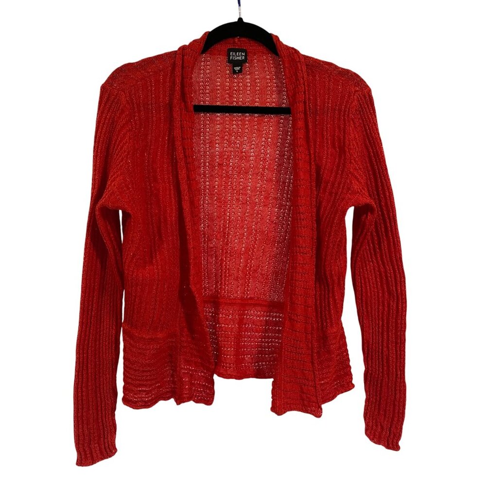 Eileen Fisher Loose Knit Open Red Linen Cardigan Size L